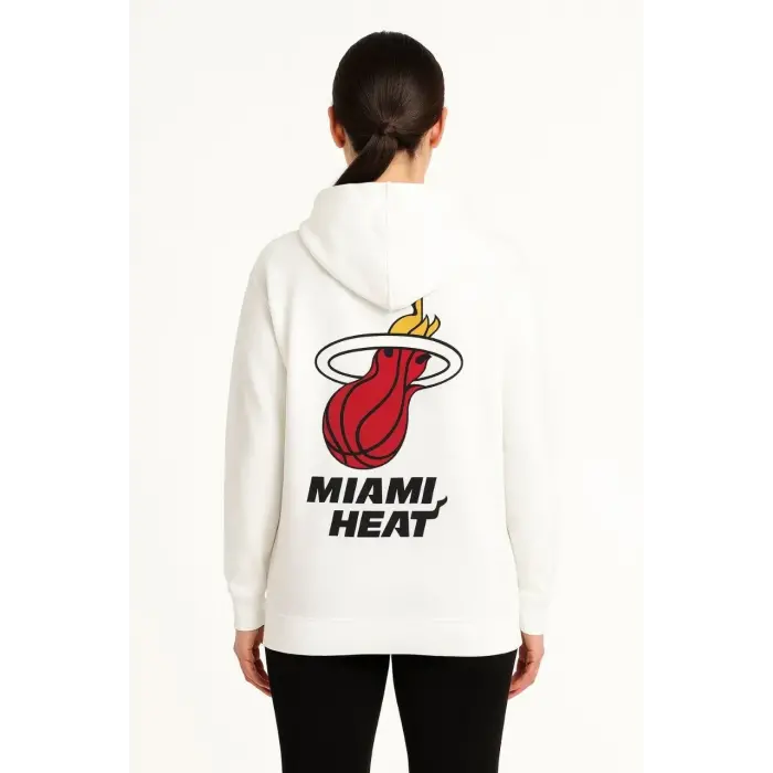 Kadın Kapüşonlu Kanguru Cepli Sweatshirt 3 İplik Pamuklu Baskılı Hoodie - Beyaz