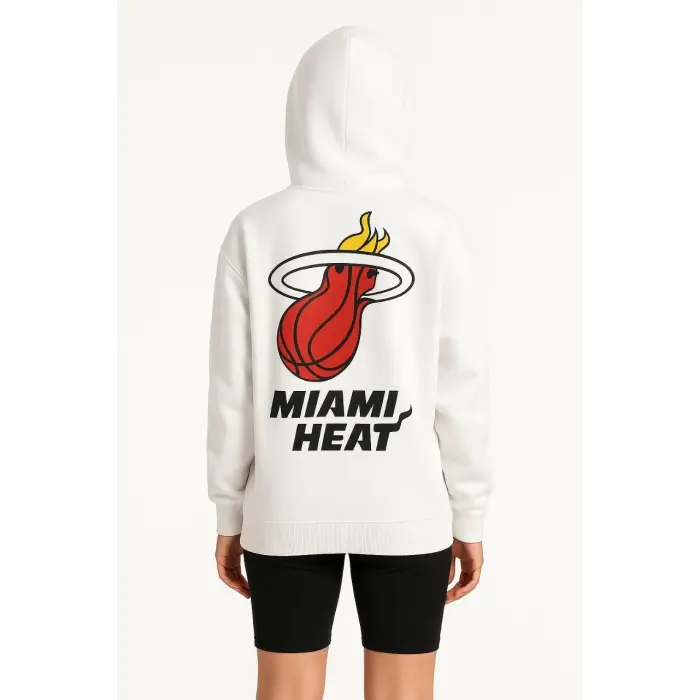 Kadın Kapüşonlu Kanguru Cepli Sweatshirt 3 İplik Pamuklu Baskılı Hoodie - Beyaz