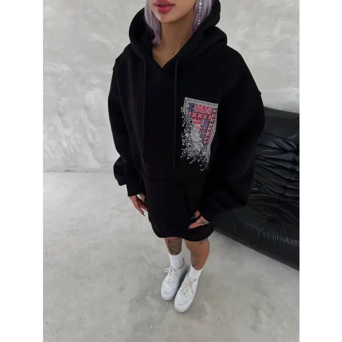 Kadın Kapüşonlu Kanguru Cepli Sweatshirt 3 İplik Pamuklu Baskılı Hoodie - Siyah