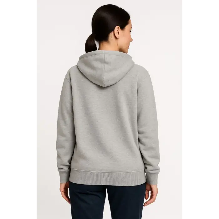 Kadın 3 İplik Pamuklu Kapüşonlu Tam Fermuarlı Kanguru Cepli Sweatshirt Hoodie - Gri