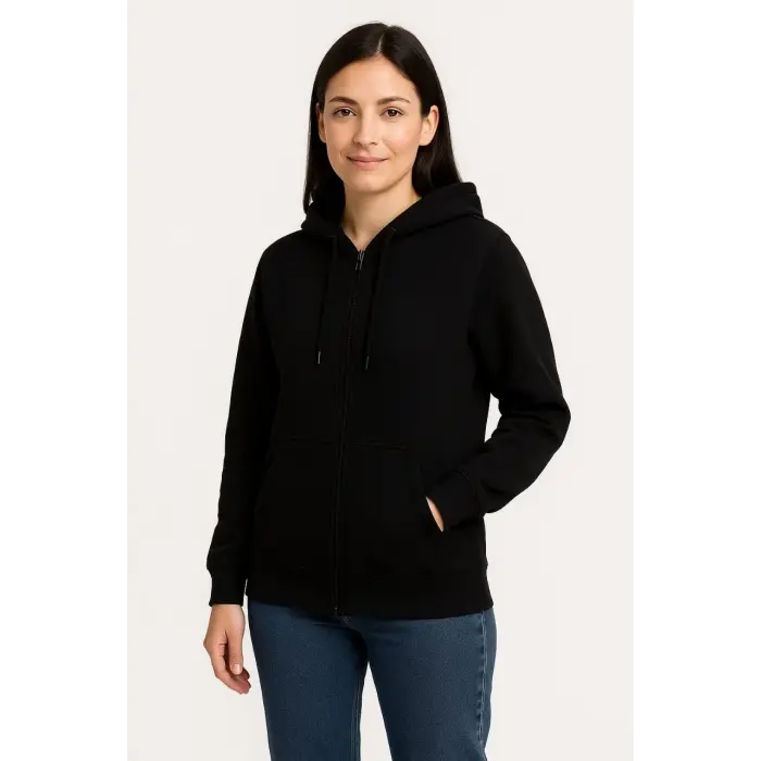 Kadın 3 İplik Kapüşonlu Tam Fermuarlı Kanguru Cepli Sweatshirt Hoodie - Siyah