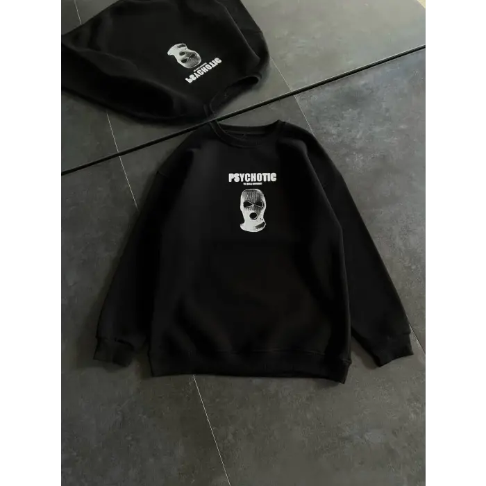 Kadın 3 iplik Kışlık Bisiklet Yaka Baskılı SweatShirt - Siyah
