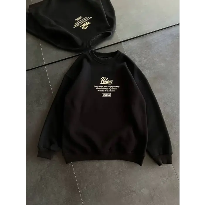 Kadın 3 iplik Pamuklu Bisiklet Yaka Baskılı SweatShirt - Siyah