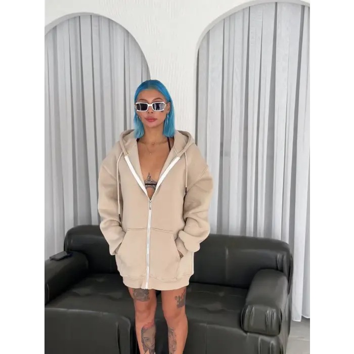 Kadın 3 İplik Pamuklu Kapüşonlu Kanguru Cepli Baskılı Oversize Hoodie Sweatshirt - Bej