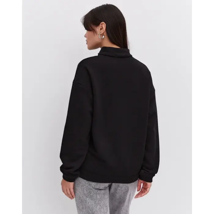 Kadın 3 İplik Pamuklu Oversize Yarım Fermuarlı Yakalı Basic Sweatshirt - Siyah