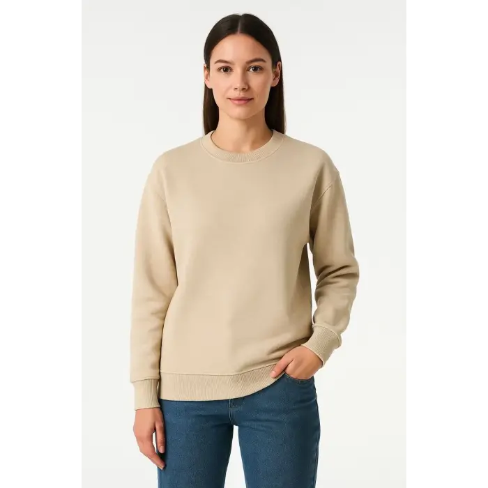 Kadın 3 İplik Pamuklu Düz Bisiklet Yaka SweatShirt - Bej
