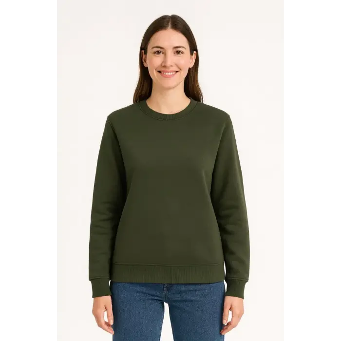 Kadın 3 İplik Pamuklu Düz Bisiklet Yaka SweatShirt - Haki