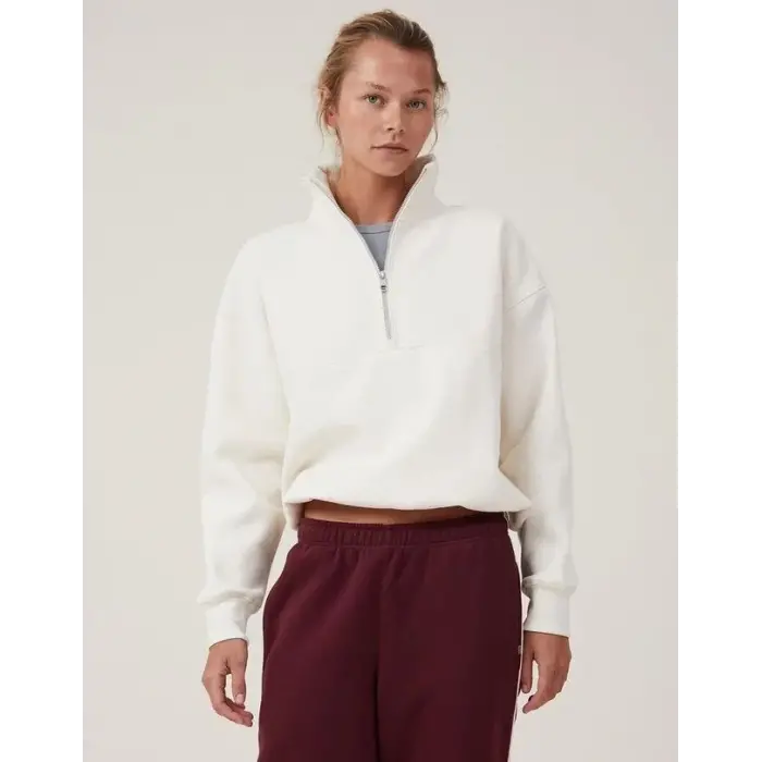 Kadın 3 İplik Pamuklu Oversize Yarım Fermuarlı Yakalı Basic Sweatshirt - Beyaz