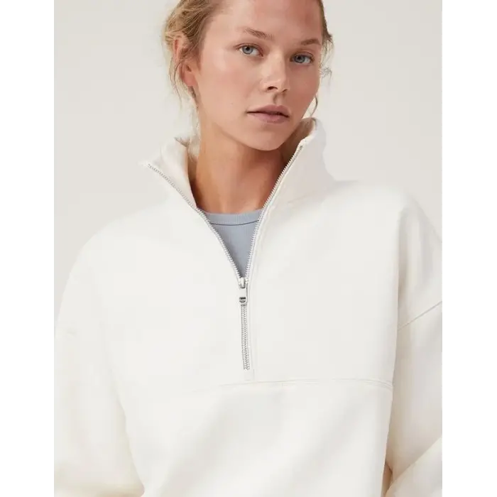 Kadın 3 İplik Pamuklu Oversize Yarım Fermuarlı Yakalı Basic Sweatshirt - Beyaz