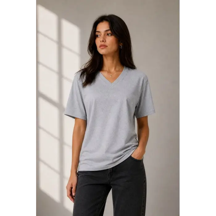 Kadın V Yaka Basic Tişört Kısa Kol Yazlık Regular Fit T-Shirt - Gri