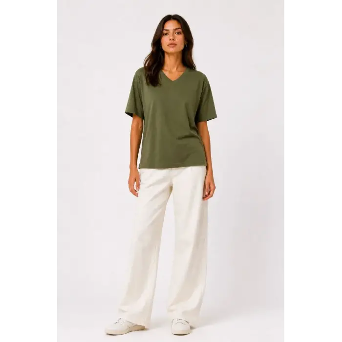 Kadın V Yaka Basic Tişört Kısa Kol Yazlık Regular Fit T-Shirt - Haki