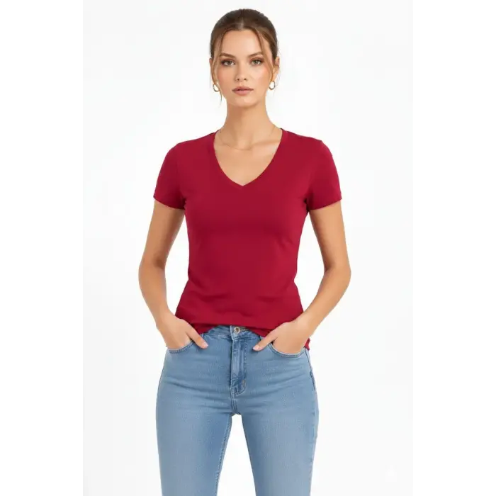 Kadın T-Shirt V Yaka Slim Fit Likralı Tişört Yazlık Basic Body - Kırmızı