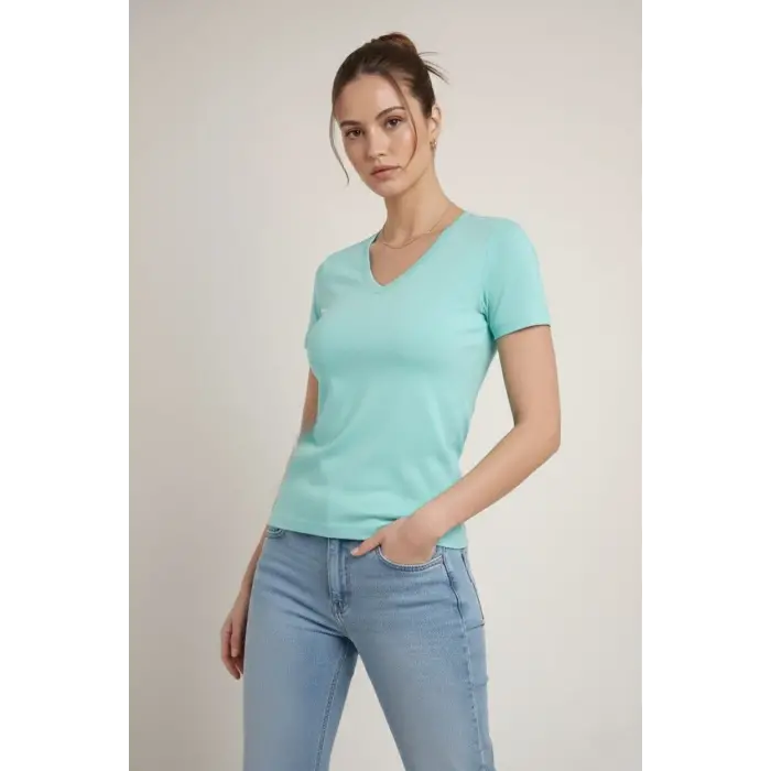 Kadın T-Shirt V Yaka Slim Fit Likralı Tişört Yazlık Basic Body - Turkuvaz