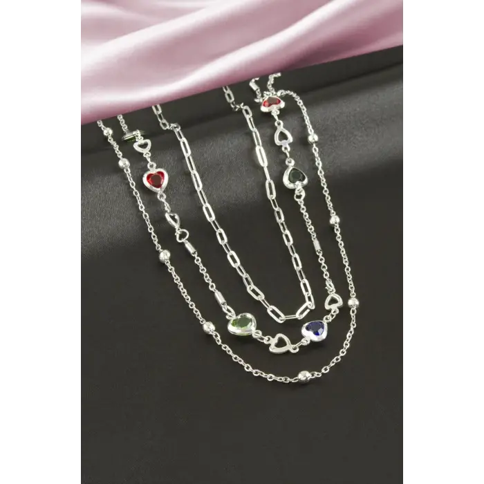 Kalp Kristal Taşlı Üçlü Kolye