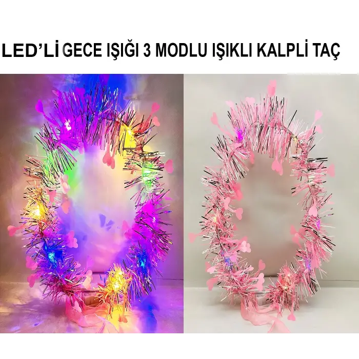 Kalp Püsküllü Gece Parıltısı 3 Modlu Led'li Işıklı Taç Pembe Renk Bx40