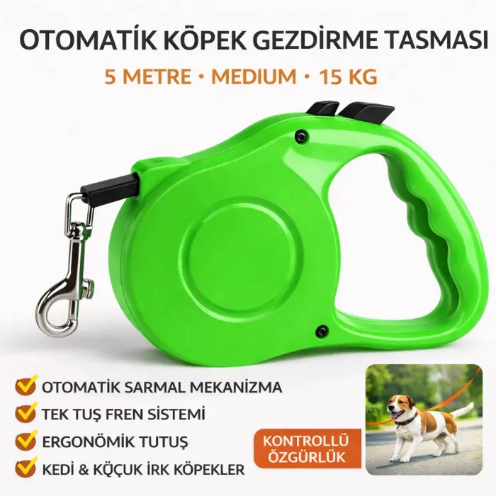 Karamel Otomatik  Köpek Gezdirme Tasması Medium 5 Metre 15 kg Yeşil
