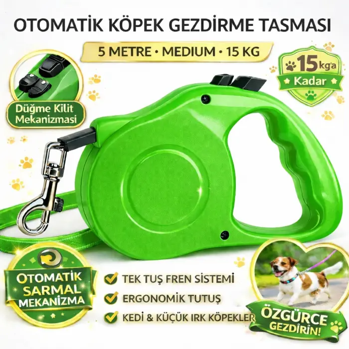 Karamel Otomatik  Köpek Gezdirme Tasması Medium 5 Metre 15 kg Yeşil