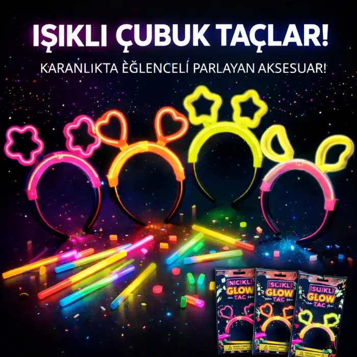 Karanlıkta Parlayan Glow Taç Seti 12 Adet – Yıldız Kalp Ay Çiçek (her Model 3 Adet) Bx40