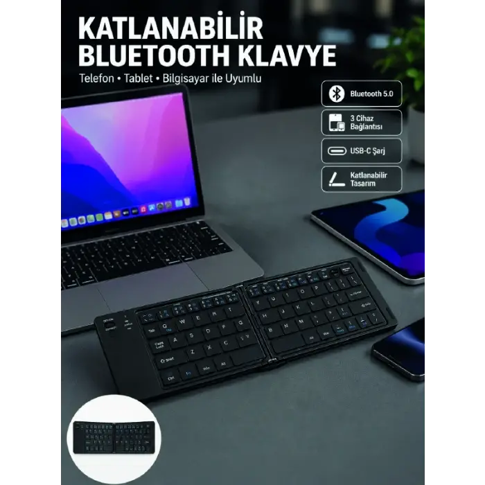 Katlanabilir Bluetooth Klavye 3 Cihaz Bağlantılı Kablosuz Taşınabilir Klavye