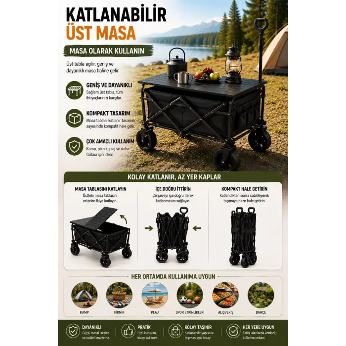 Katlanabilir Kamp Arabası Üst Tablalı 130 Kg Taşıma Kapasiteli Geniş Tekerlekli Çekçek