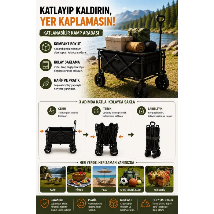 Katlanır Kamp Arabası 130 Kg Kapasiteli Üst Tablalı Kalın Tekerlekli Çok Amaçlı Taşıma Arabası
