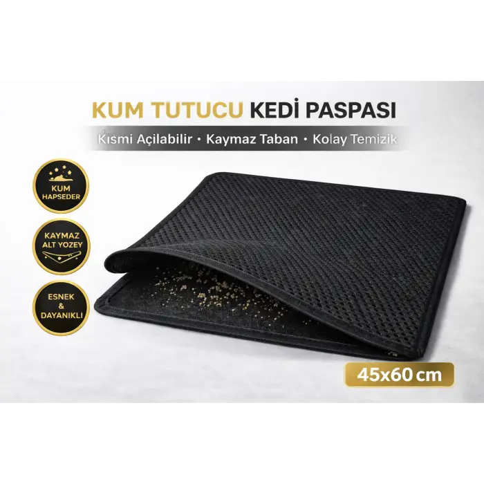 Kedi Elekli Tuvalet Önü Kum Tutucu Paspas  45 cm - 60 cm Siyah
