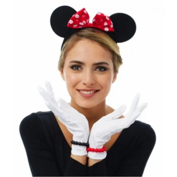 Kırmızı Fiyonklu Minnie Mouse Tacı Ve Beyaz Eldiven Seti Bx40