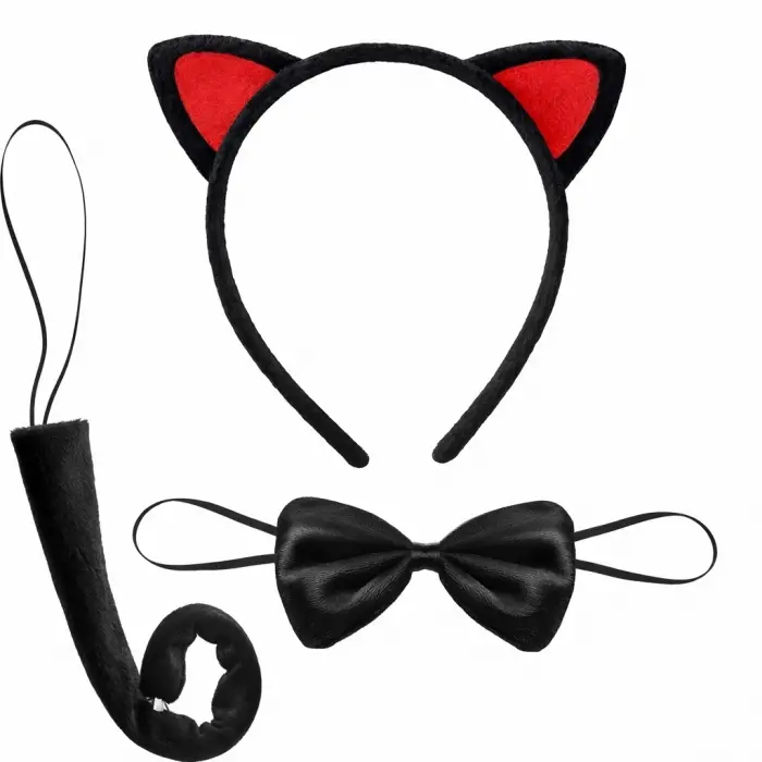 Kırmızı Kulaklı Kedi Kostüm Seti – Taç Papyon Kuyruk 3 Parça Bx40