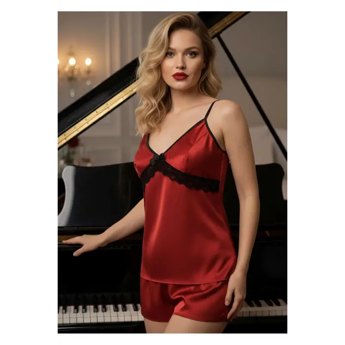 Kırmızı Saten Babydoll Şortlu Takım