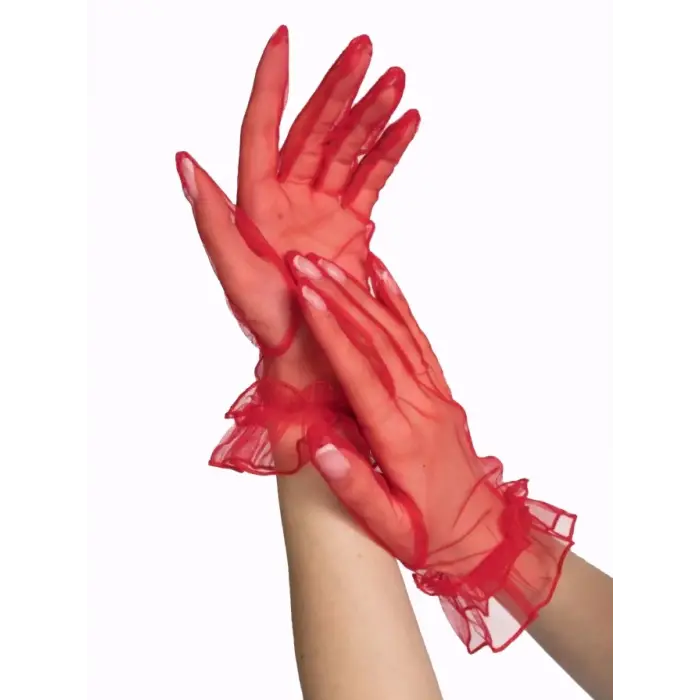 Kısa Boy Likralı Güpürlü Yetişkin Tül Eldiven Kırmızı Renk Bx40