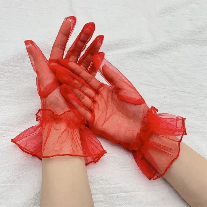 Kısa Boy Likralı Güpürlü Yetişkin Tül Eldiven Kırmızı Renk Bx40