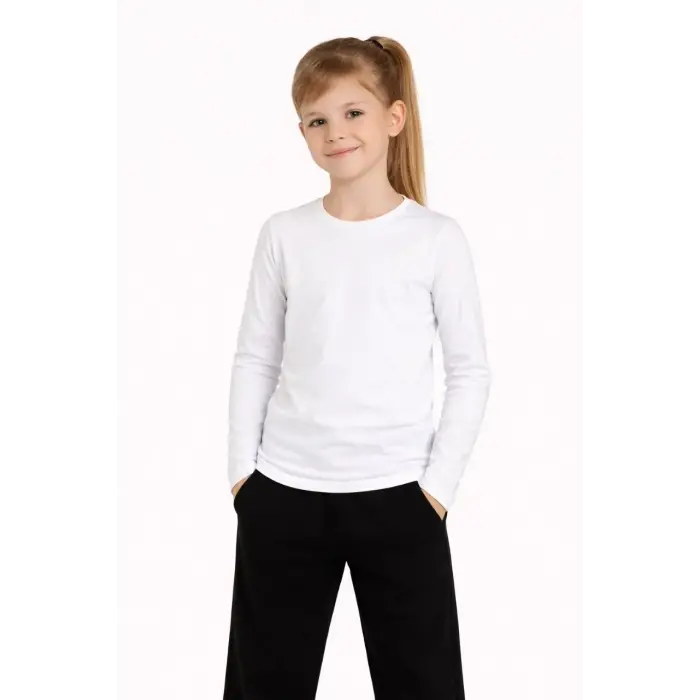 Kız Çocuk Basic Uzun Kollu Tişört Okul Günlük Rahat T-Shirt - Beyaz