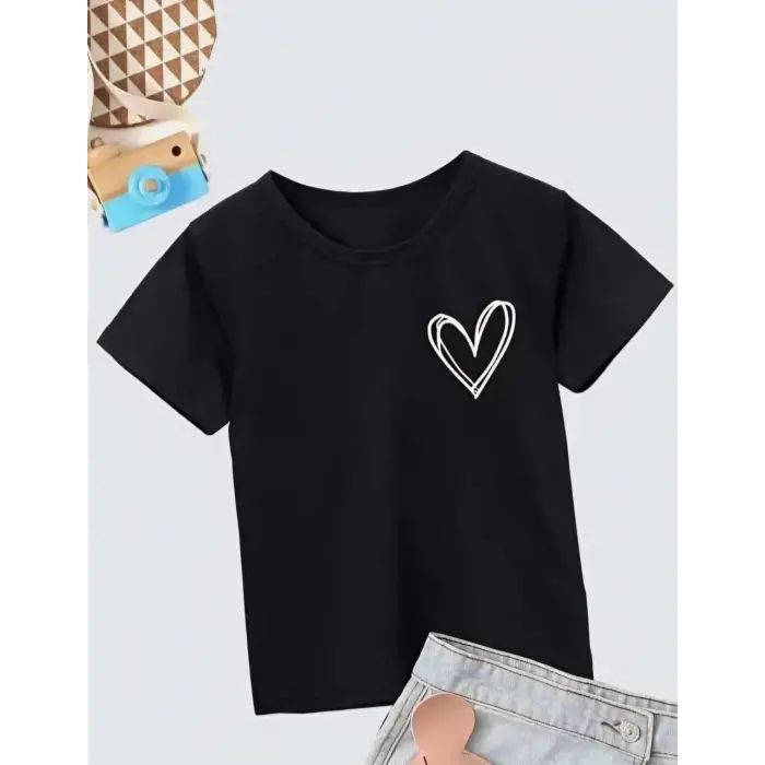 Kız Çocuk Bisiklet Yaka Baskılı T-Shirt - Siyah