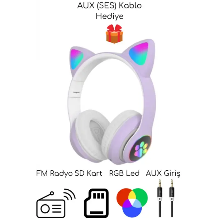 Kulak üstü Bluetooth kulaklık mor renk ANC mikrofon FM radyo SD kart aux girişli