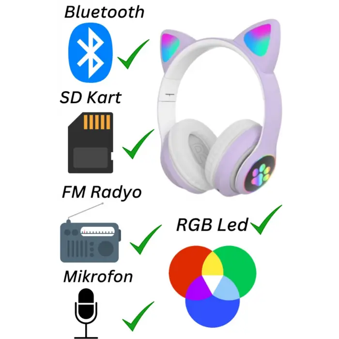 Kulak üstü Bluetooth kulaklık mor renk ANC mikrofon FM radyo SD kart aux girişli