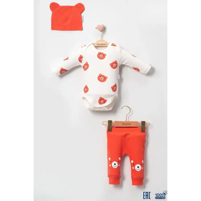 Kulaklı Ayıcık % 100 Pamuk 3lü Erkek Bebek Takım