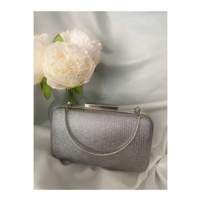 Kumaş Çanta Gümüş Abiye Çanta Taşlı Gece Çantası