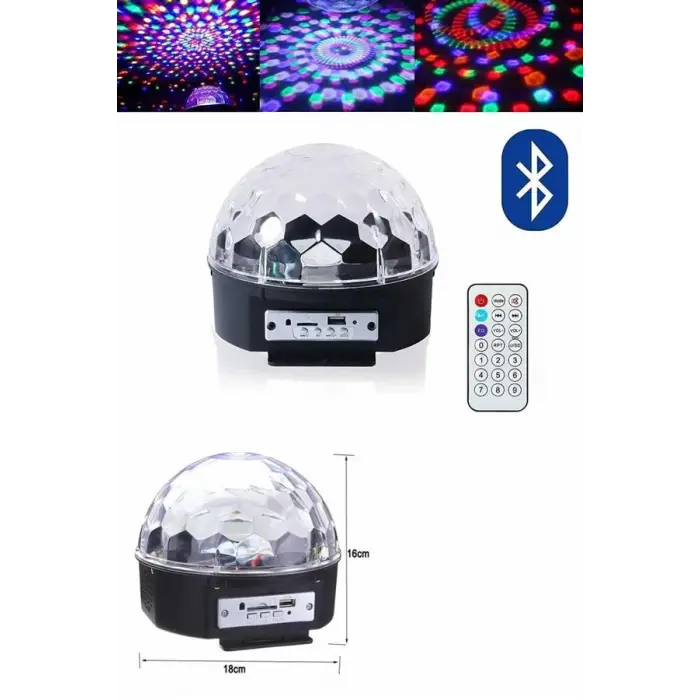 Küre Disko Topu Müzik Çalar Renkli Lazer Işıklı Bluetooth Disko Parti Işığı Kumandalı