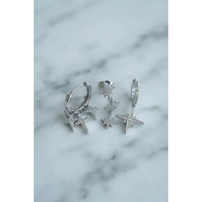 Kutup Yıldızı Model Gümüş Renk 3 lü Küpe Set