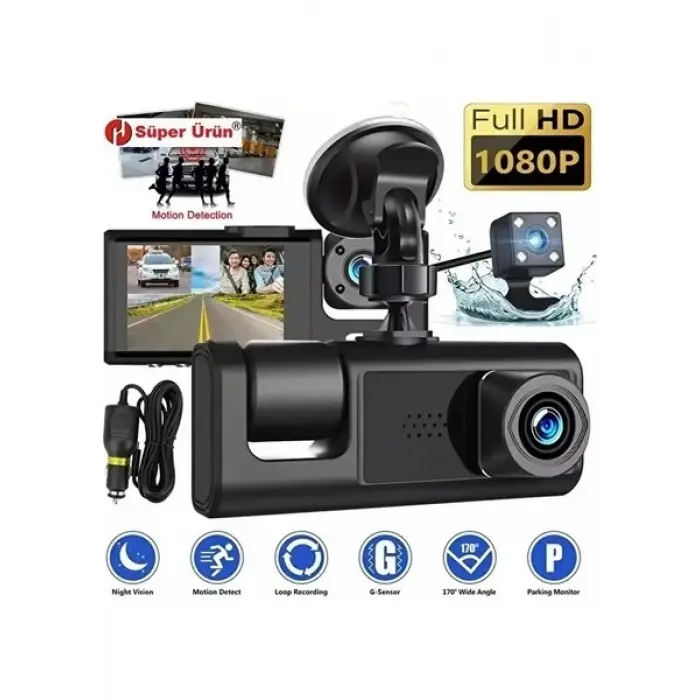 LCD Ekranlı 1080p 3 Kameralı Araç İçi Kamera Geri Görüş Destekli Gece Görüşlü G Sensörlü