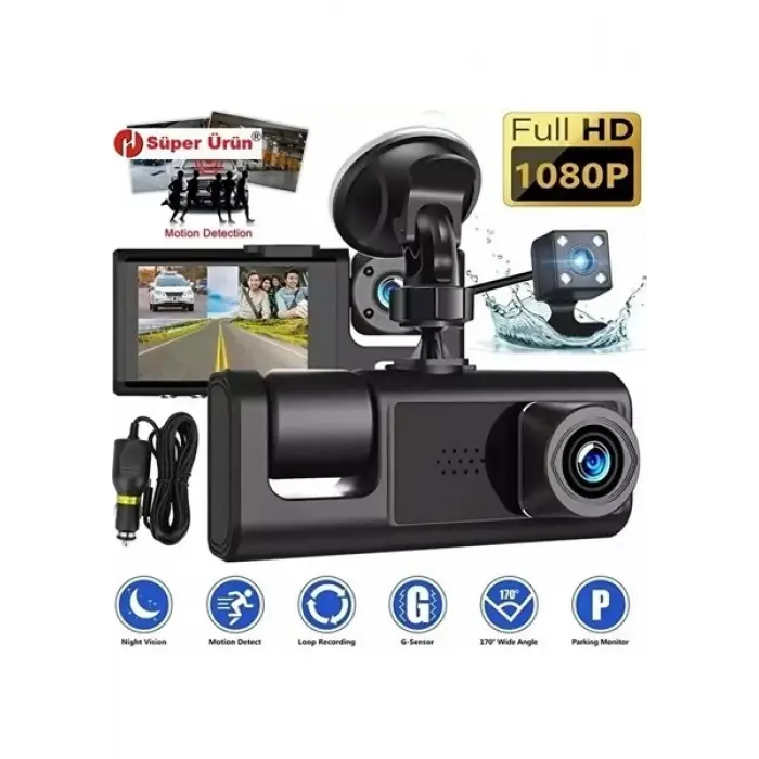 LCD Ekranlı 1080p 3 Kameralı Araç İçi Kamera Geri Görüş Destekli Gece Görüşlü G Sensörlü