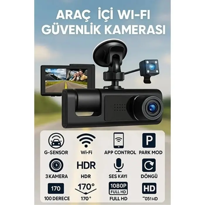 LCD Ekranlı 1080p 3 Kameralı Araç İçi Kamera Geri Görüş Destekli Gece Görüşlü G Sensörlü