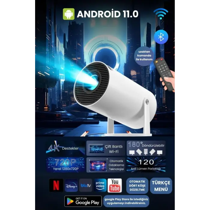 LCD FULL HD 1280x720 çözünürlük, 2.69 inç ekran, siyah taşınabilir Android projektör
