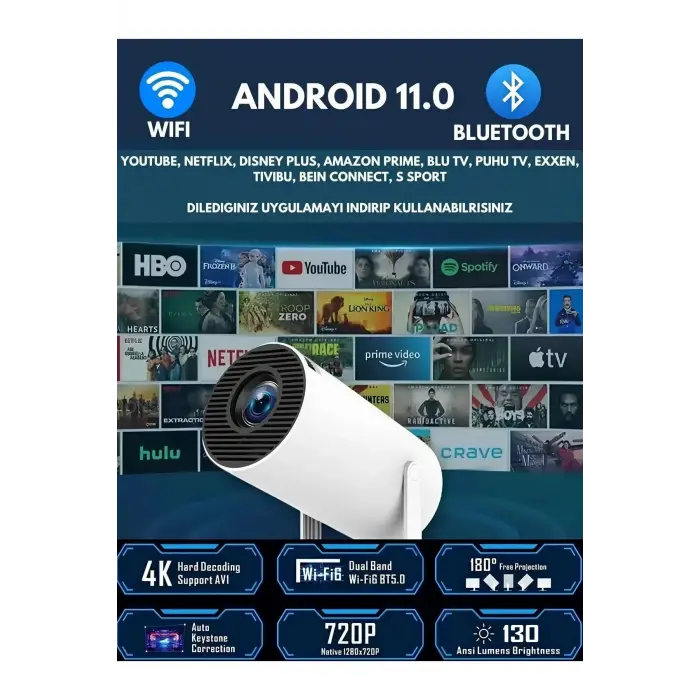 LED FULL HD projeksiyon cihazı 1920x1080 çözünürlük Bluetooth Android beyaz USB HDMI