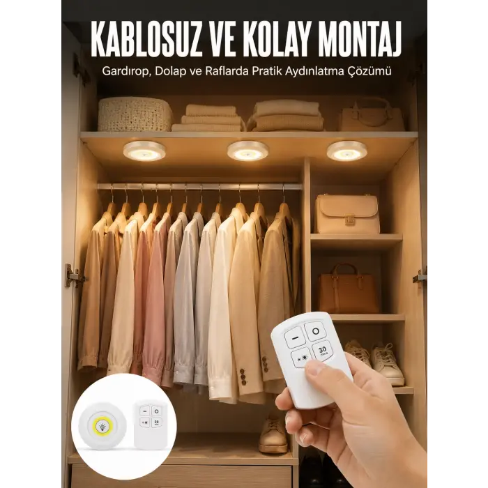 Led Lamba 3lü Uzaktan Kumandalı Yapışkanlı Beyaz Işık (Kopya)
