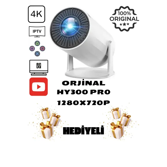 LED projeksiyon cihazı 4K çözünürlük 1280x720 beyaz 2000:1 kontrast USB HDMI kablosuz