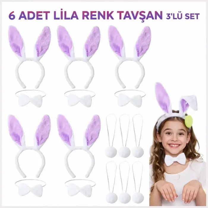 Lila Tavşan Sahne Seti 6'lı Set Taç Papyon Kuyruk Bx40