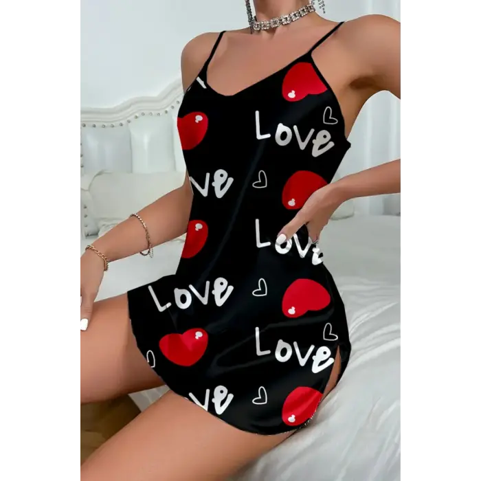 Love Desenli Siyah Saten Gecelik