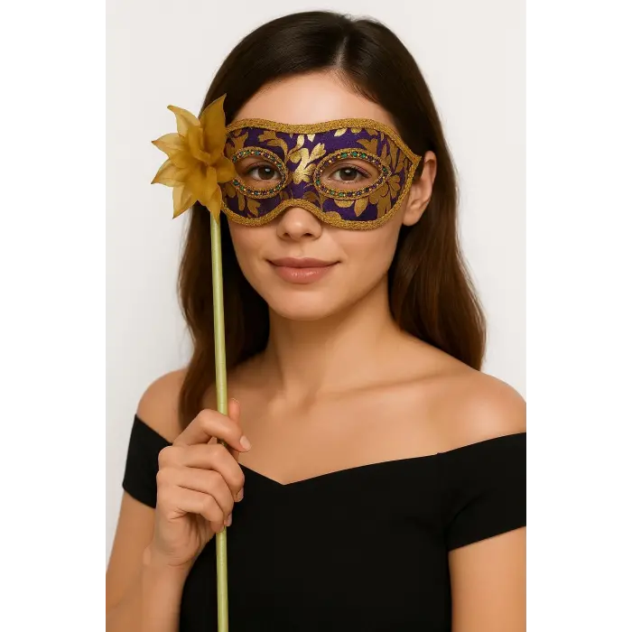 Lüks Taşlı Saplı Maskeli Balo Maskesi Mor Renk 35 Cm Bx40