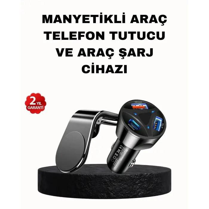Manyetik Araç Telefon Tutucu ve Hızlı Şarj Adaptörü 2’li Set